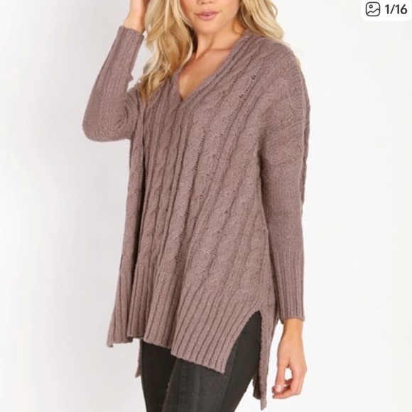 Free People Mushroom Brown Easy Cable Knit V-Neck Sweater Women's Medium - Picture 2 of 8